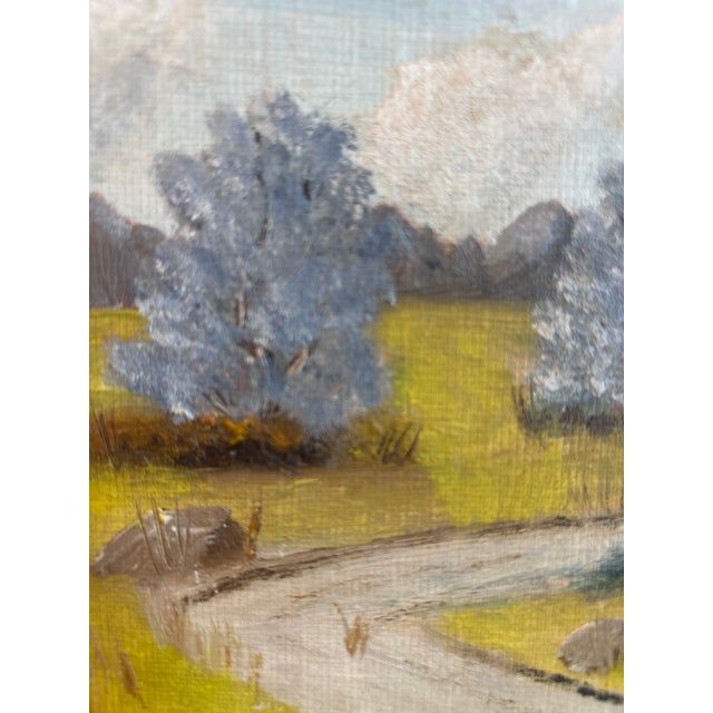 Vintage MCM Impressionist Landscape Oil Painting – Blossoming Trees & Yellow Meadow, Signed A. Novotny, 5x7 For Sale - Image 4 of 6
