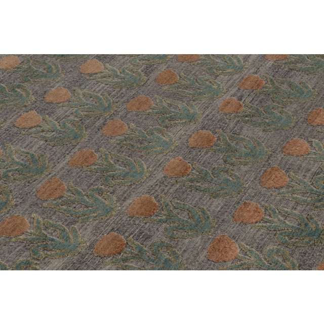 Rug & Kilim Rug & Kilim’s Block Print Rug Design in Gray With Rust and Green Floral Motifs For Sale - Image 4 of 7