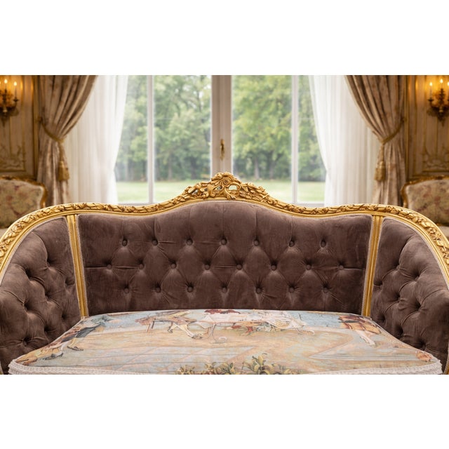 1950s French Louis XVI Gold Velvet Beech Settee 1 Pc For Sale - Image 6 of 12