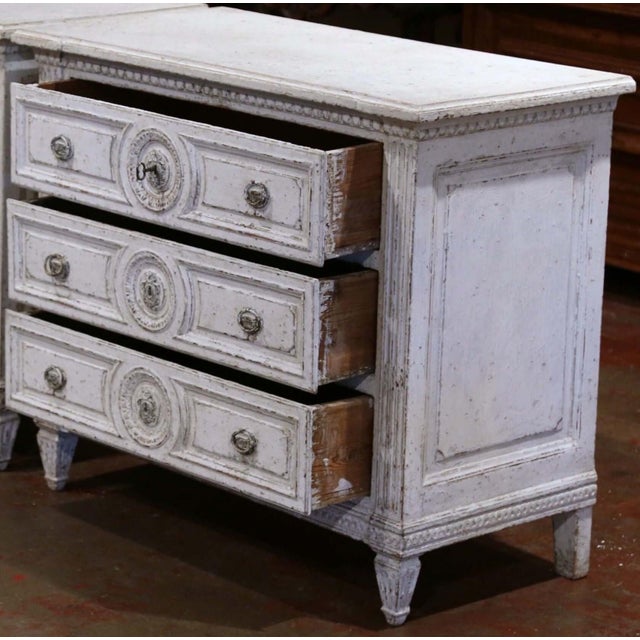 19th Century French Louis XVI Carved Painted Commode With Medallion Drawers For Sale - Image 9 of 11
