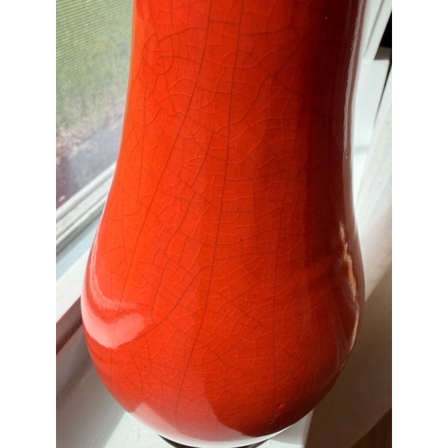 Crackle Glaze Coral Orange Ceramic Vase With Black Rim Accent For Sale - Image 4 of 8