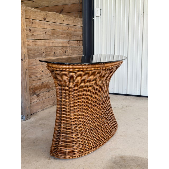 Vintage Refinished Rattan Braided Hourglass Console Table With Original Smoked Glass For Sale - Image 4 of 12