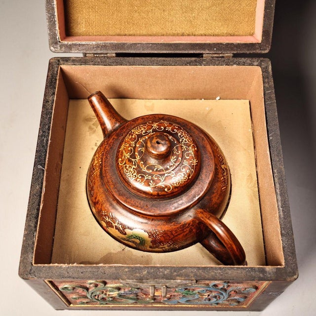 Brown Vintage Yixing Zisha Teapot With Box – Hand-Painted Gilt Landscape Teapot For Sale - Image 8 of 9