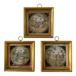 Early 20th Century Silk Embroidered Courting Couples Pastoral Scene Protected by Reverse Painting on Glass Miniature Scenes - Set of 3 For Sale