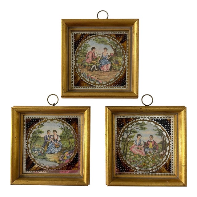 Early 20th Century Silk Embroidered Courting Couples Pastoral Scene Protected by Reverse Painting on Glass Miniature Scenes - Set of 3 For Sale