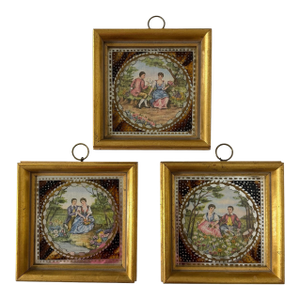 Early 20th Century Silk Embroidered Courting Couples Pastoral Scene Protected by Reverse Painting on Glass Miniature Scenes - Set of 3