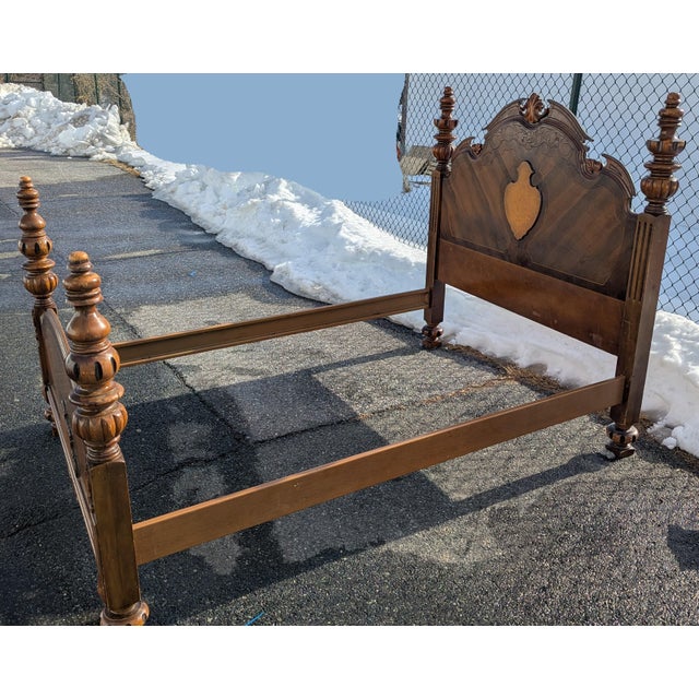 1990s Hand Carved Victorian Mansion Oak Bedframe | Full Size Solid Wood Bed Frame | Ornate Victorian Revival Traditional Furniture For Sale - Image 10 of 10