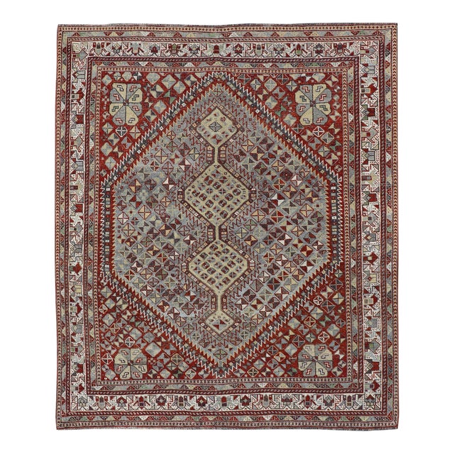 Antique Persian Shiraz Rug With Geometric Tribal Design and Rich Color Palette 5'0 X 6'1 For Sale