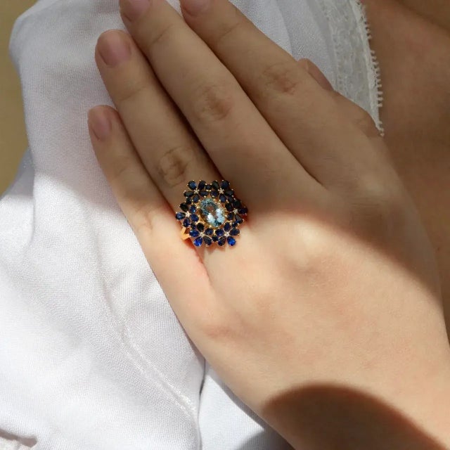 14K Yellow Gold Natural Aquamarine｜Sky Blue｜Oval｜Eye Clean Aquamarine CTW: 1.80 Natural Sapphire｜Royal Blue｜Pear｜Eye Clean...