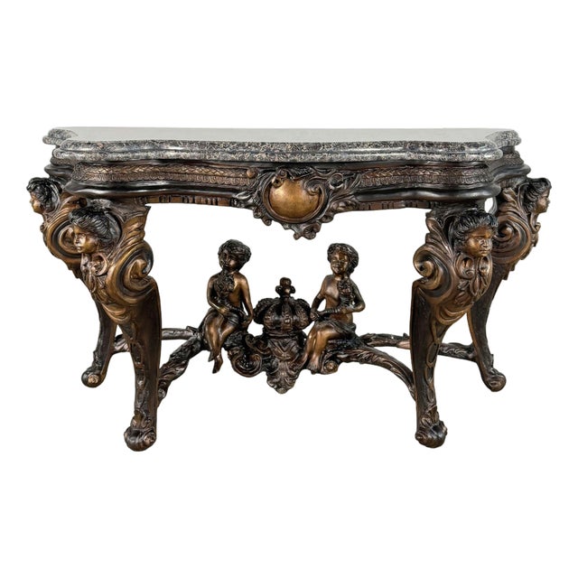 Ornate Bronze Cherub Console Table, Granite Top - For Sale