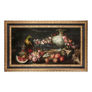 Unknown, Roman Maestro, Still Life with Parrot, Fruit, Flowers and Metal Jug on a Cloth, 1800s, Oil on Canvas, Framed For Sale