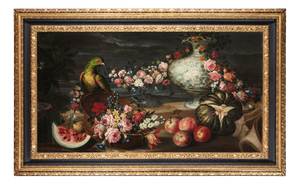 Unknown, Roman Maestro, Still Life with Parrot, Fruit, Flowers and Metal Jug on a Cloth, 1800s, Oil on Canvas, Framed