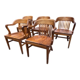 Vintage Walnut Bankers Chairs, Set of Five For Sale