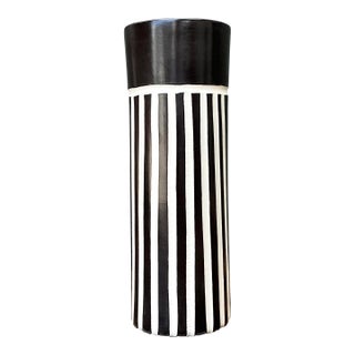 Vintage Original Graphic Black and White Glazed Ceramic Vase For Sale