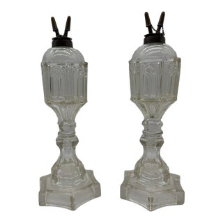 1850s Gothic Arch Pressed-Glass Oil Lamps, Attributed to Boston & Sandwich, - Pair For Sale