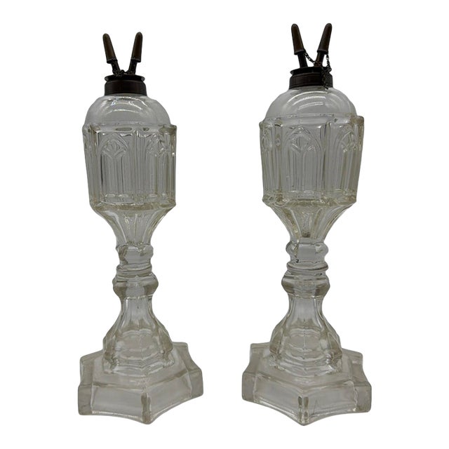 1850s Gothic Arch Pressed-Glass Oil Lamps, Attributed to Boston & Sandwich, - Pair For Sale