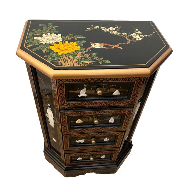 Chinoiserie Vintage Chinese Chest of Drawers Dresser Chinoiserie Mother of Pearl Applique For Sale - Image 3 of 11