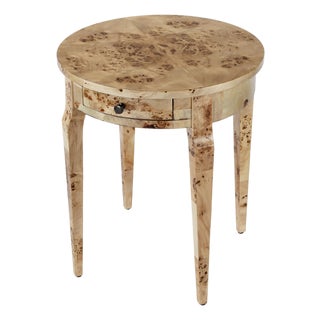Archer 20 in. W Round Burl Wood 1 Drawer Side Table, Light Brown Burl For Sale