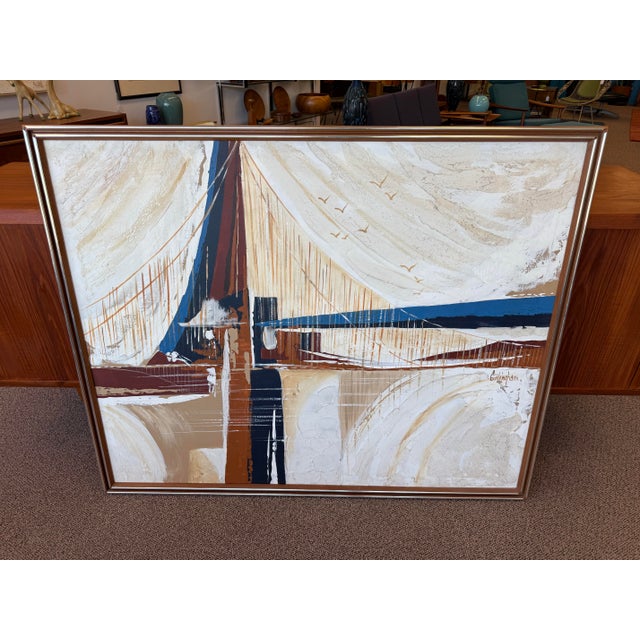 We love this large, mid-century, modern abstract framed oil on canvas. Terrific Skyline bridge scene with lots of texture....