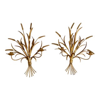 Elegant Mid 20th Century Italian Gilt Wrought Iron Wheat Sheaf Candle Sconces - A Pair For Sale