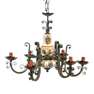 1970s French Country Hand-Painted Six-Light Chandelier in the Deruta Style For Sale