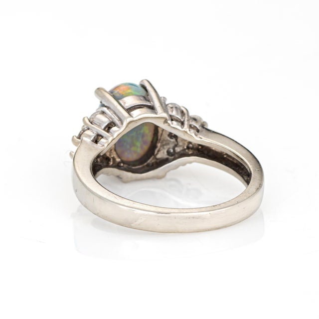 1990s Natural Semi Black Opal Diamond Ring Vintage 14k White Gold Fine Jewelry Sz 6.5 For Sale - Image 5 of 7