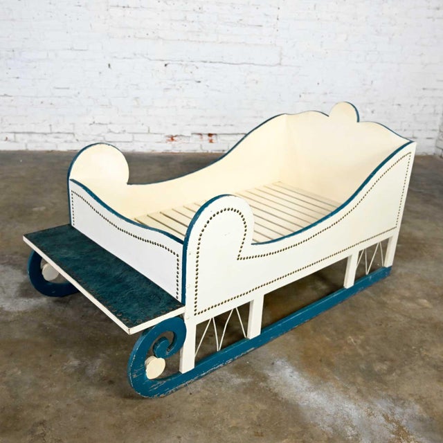Vintage Sleigh-Style Dog Bed White With Blue Trim & Nail Head Design For Sale - Image 4 of 13