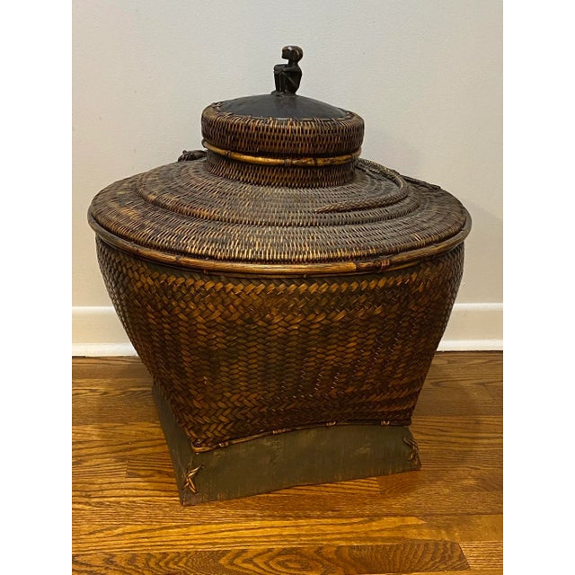 Vintage 19th Century Asian Woven Bamboo Rattan handwoven storage basket. Gorgeous rustic look. Lightweight yet very solid...