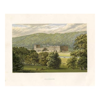 Late 1800s, Chatsworth in Derbyshire, Original Antique Manor Home Print, Lithograph, England For Sale