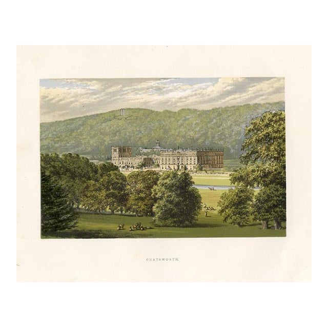 Late 1800s, Chatsworth in Derbyshire, Original Antique Manor Home Print, Lithograph, England For Sale