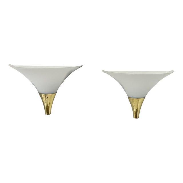 Wall Lights in Opaline Glass and Brass from Limburg, Germany, 1970, Set of 2 For Sale