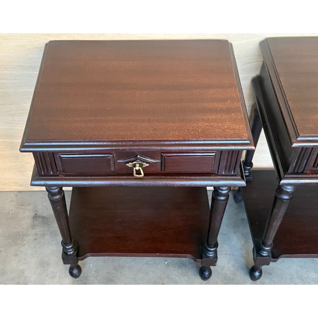 Brown 1900-1909 Pair of Spanish Nightstands With One Drawer and Low Shelve and Fluted Legs For Sale - Image 8 of 10