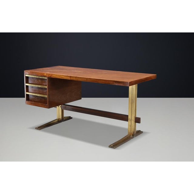 Italian Walnut Desk with Brass Base, Italy, 1950s For Sale - Image 15 of 18