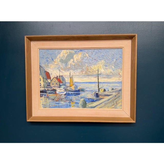 Scandinavian School, Port with Moored Sailboats, 1950s, Oil on Panel, Framed For Sale - Image 14 of 14
