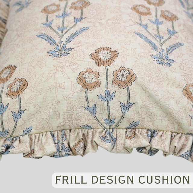 Not Yet Made - Made To Order Block Print Boho Frill Pillow Cover Handmade Linen, Double-Sided Floral, Decorative Throw Cushion for Home 20x20 Inch -Amitab For Sale - Image 5 of 6
