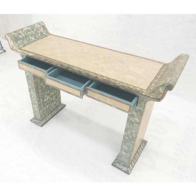 Fine Tessellated Stone Tile Mother of Pearl Rolled Edges 3 Drawers Console Table For Sale - Image 12 of 16