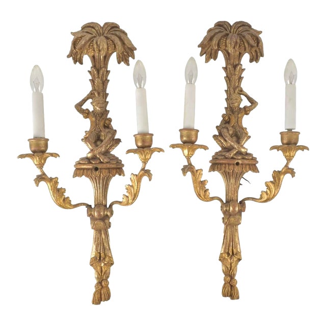 Mid 20th Century Italian Carved Gilt Wood Monkey Wall Sconces, a Pair For Sale