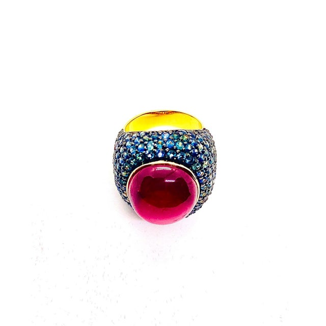 Bochic “Orient” Vintage Ruby & Blue Sapphire Ring Set In 18 K Gold & Silver For Sale - Image 11 of 12