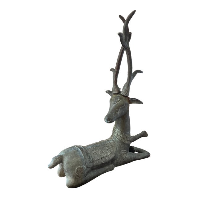 Vintage Patinated Brass Recumbent Deer Statue For Sale