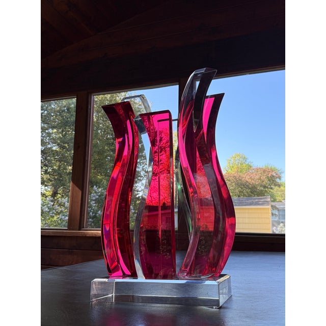 Vintage David Muniz 23" Ruby Red & Clear Lucite Art Sculpture 1996, Signed. Rare For Sale - Image 13 of 14