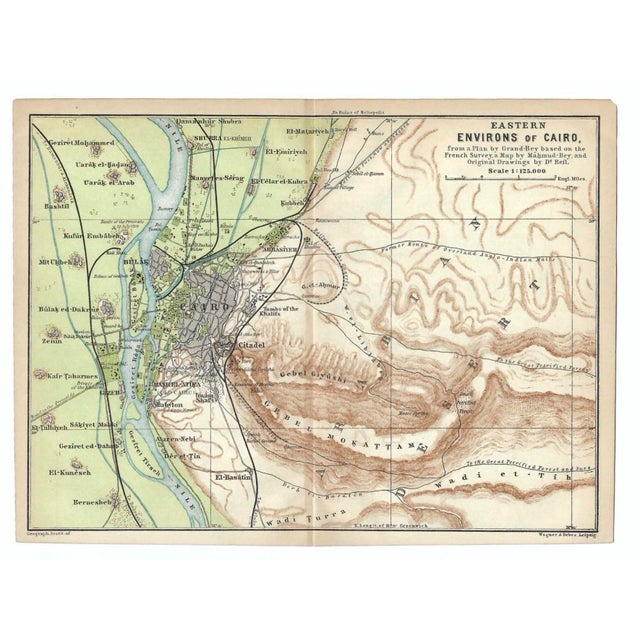 Circa 1900 map of the Eastern Environs Cario, Egypt from an Egyptian travel atlas. Combined shipping available, please...