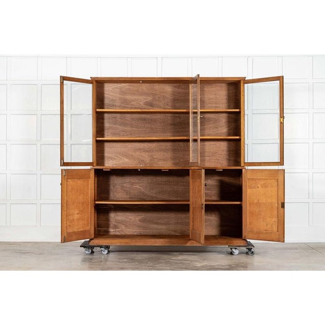 Circa 1920 large english oak glazed bookcase together w185 x d52.5 x h198 cm base w183.5 x d52.5 x h89.5 cm base internal...