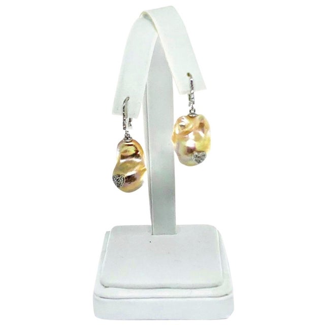 Diamond Baroque Fresh Water Yellow Pearl Earrings 14k Gold Certified For Sale - Image 9 of 9