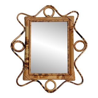 1960s Italian Riviera Style Burnt Bamboo Rattan Wall Mirror With Scalloped Frame For Sale
