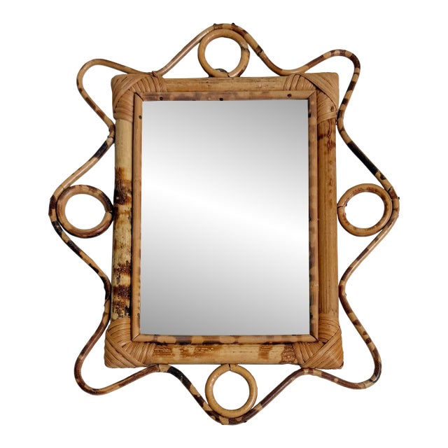 1960s Italian Riviera Style Burnt Bamboo Rattan Wall Mirror With Scalloped Frame For Sale