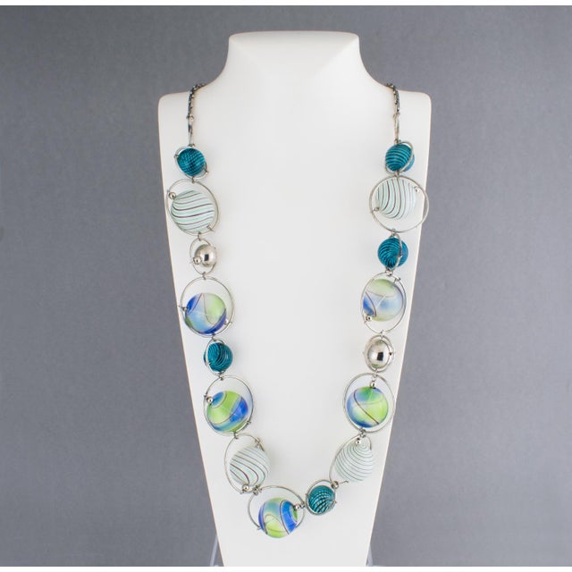 Contemporary Appartement a Louer French Designer Extra Long Chrome and Murano Beads Necklace For Sale - Image 3 of 12