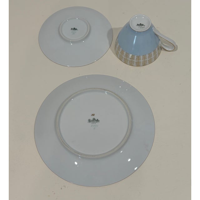 Ceramic 1950s Art Deco Rosenthal Germany Blue Edge Gold Trim Cup, Saucer ,Plate Marked - 3 pcs For Sale - Image 7 of 8