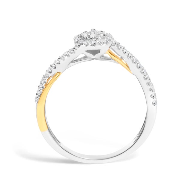Early 21st Century 14K Yellow Gold Plated .925 Sterling Silver 1/4 Cttw Diamond Bypass and Halo Promise Ring (I-J Color ES13 For Sale - Image 5 of 7