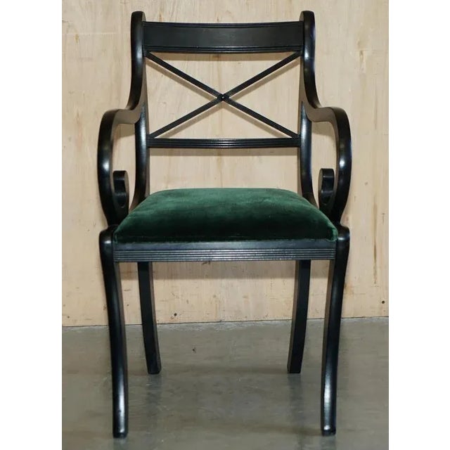 Hollywood Regency Vintage English Regency Green Velvet Dining Chairs, Set of 6 For Sale - Image 3 of 18
