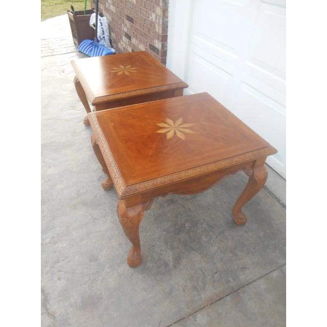 Brown Beautiful Vintage Handcarved Pair of Side Tables With Satinwood Inlays For Sale - Image 8 of 9